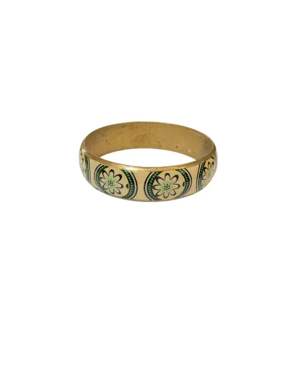 Vintage Brass Bangle Bracelet With Green Floral Design 2.62